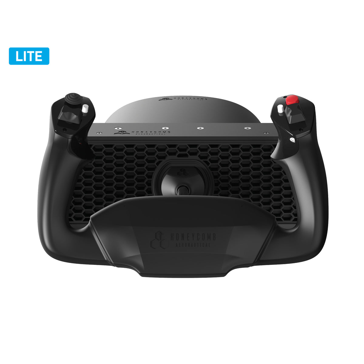 Honeycomb Alpha Lite yoke showing the 180-degree rotation arc and streamlined handle design without switch panel