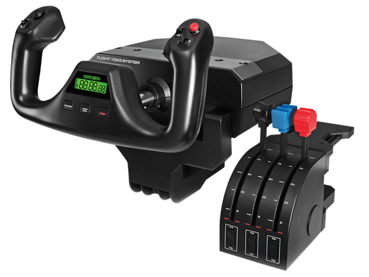 Logitech G Saitek Pro Flight Yoke System with included throttle quadrant, showing the stainless steel yoke shaft and programmable buttons