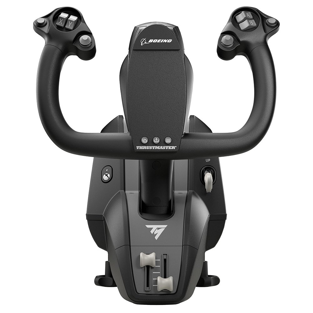 Thrustmaster TCA Yoke Boeing Edition showing the 100-percent metal construction and Boeing 787-replica ergonomic yoke design